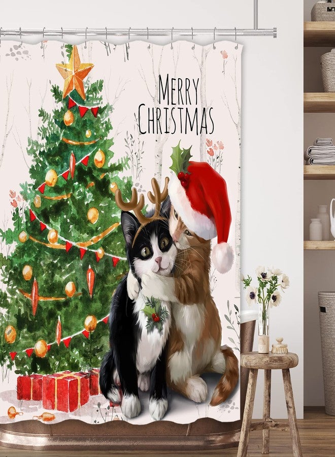 Tititex Merry Christmas Cute Cats Shower Curtain Sets, Christmas Tree Winter Holiday Kitten Ivory Bathroom Curtain Decoration 71x71 Inch with Hooks - Image 5